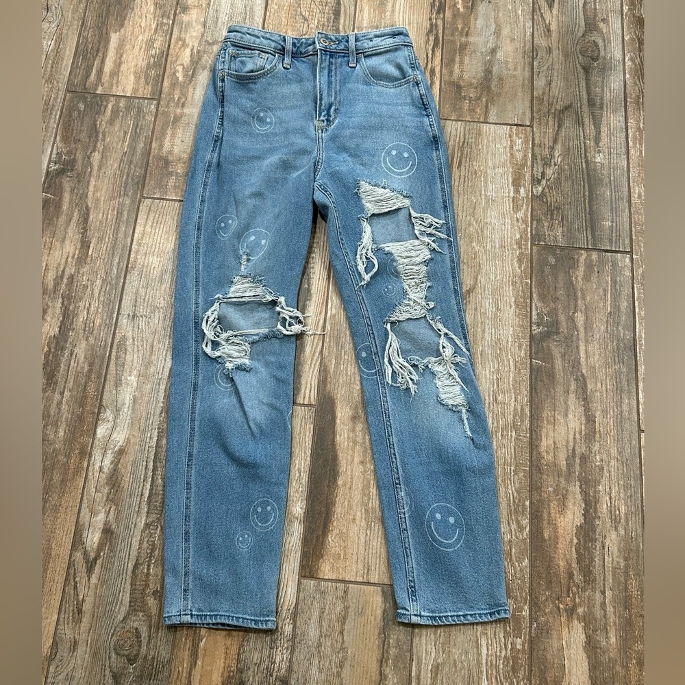 Holster Mom Distressed Blue Women Jeans with Smiley Design size 24x27 Y2K